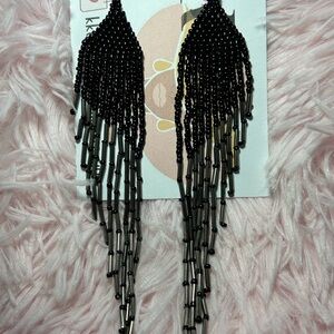 Black & Gunmetal Beaded Fringe Earrings | Extra Long Fringe